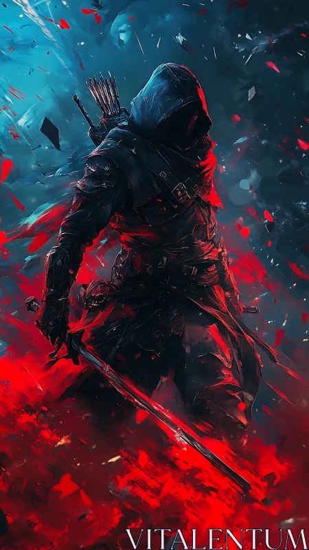 Hooded rogue advances through cyan gloom and crimson shards