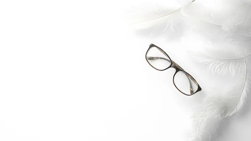 Eyeglasses positioned among white feathers on white surface.