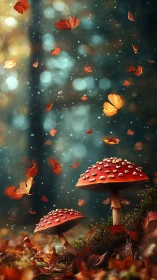 Enchanted red mushrooms glow amid swirling autumn leaves.