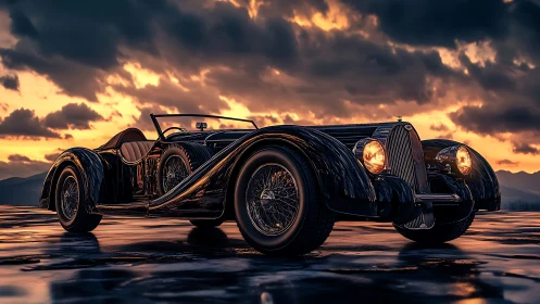 Vintage roadster glows under dramatic sunset skyscape.
