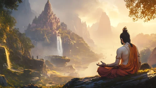 Meditating figure watching distant temple over river valley.