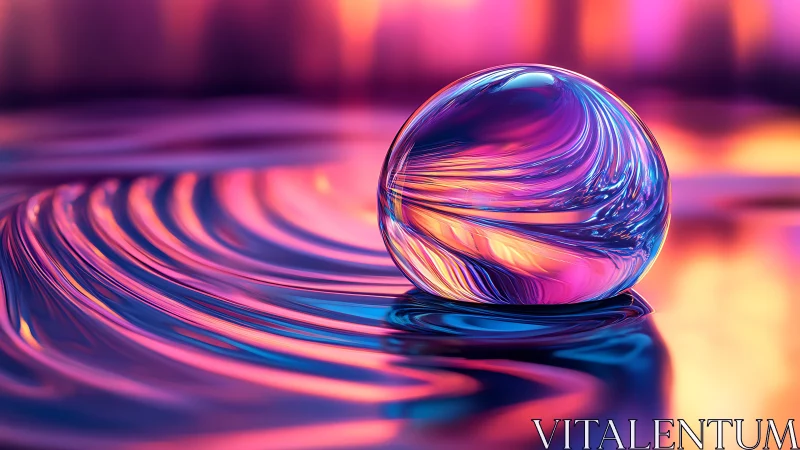 Glass sphere on reflective surface with neon gradient light.
