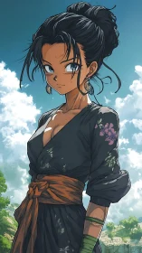 Anime warrior girl in floral robe under bright summer sky.