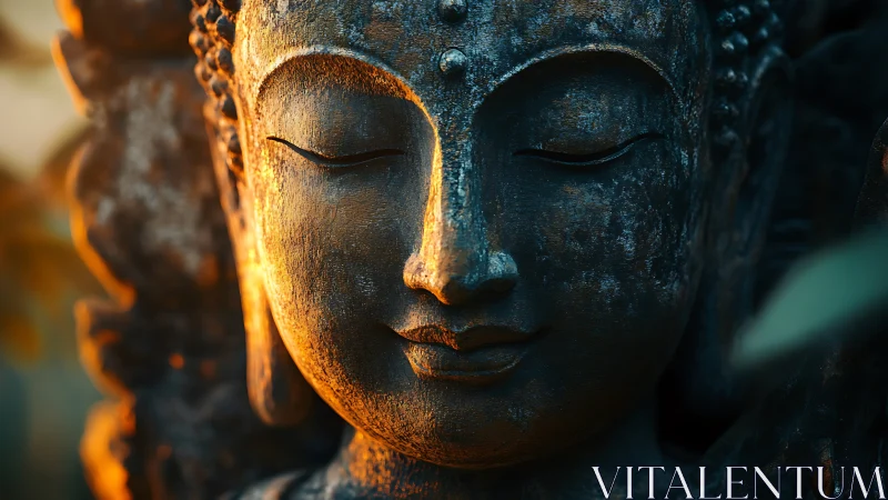 Weathered Buddha head sculpture in low warm sunlight.