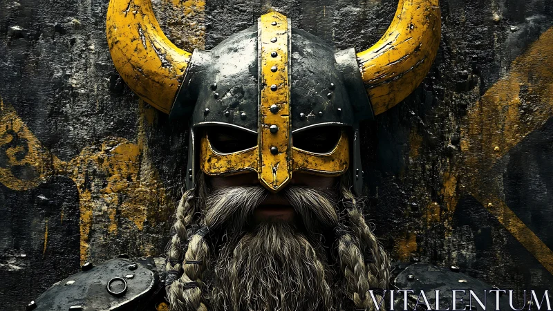 Armored Viking portrait unites worn yellow horns and steel helm