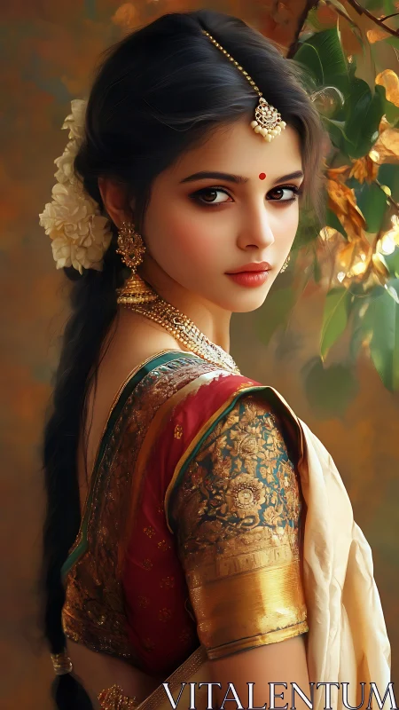 Woman in traditional Indian attire with floral hair adornment.