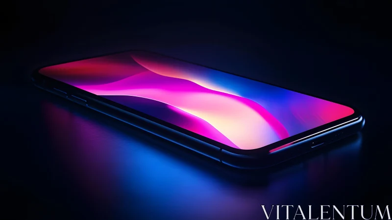 Modern smartphone glowing on dark surface in vibrant neon light.