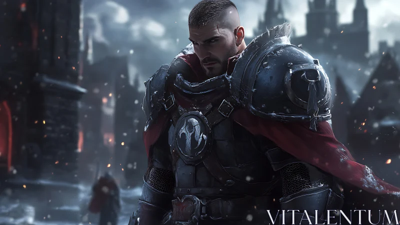 Armored crusader in snowlit fortress corridor, cinematic focus