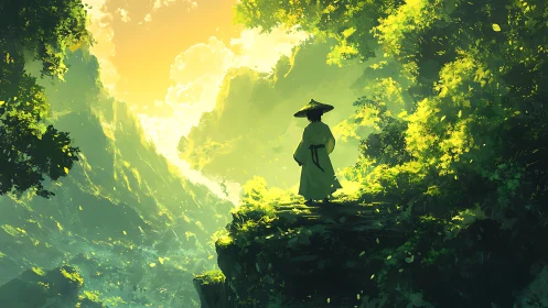 Digital painting of robed wanderer on luminous forest cliff.