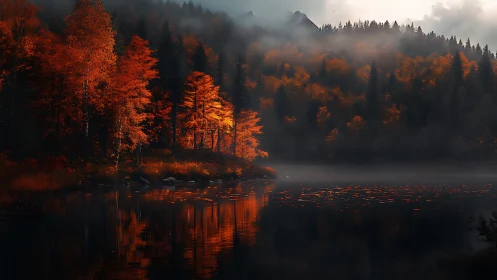 Fiery autumn forest reflecting over misty mountain lake.