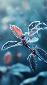 Frosted plant leaves and berries in soft blue background field.