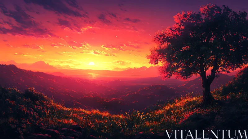 Solitary hillside tree overlooks radiant valley sunset sky
