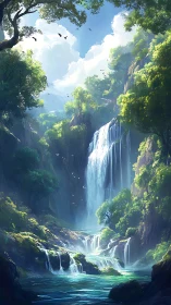 Multistage rainforest waterfall under stratified volumetric light.