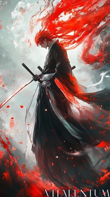 Red haired swordsman in swirling abstract red storm.