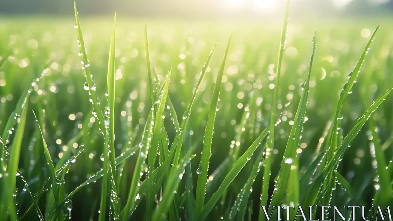 Morning dew drops on fresh green grass blades in sunlight.