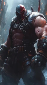 Armored cyber-brute in snowbound alley with dual-tone mask