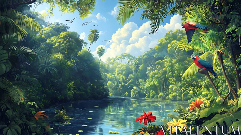 Tropical river valley with dense jungle canopy and parrots
