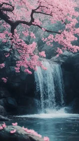 Cherry blossoms over waterfall framed by rocks and mist