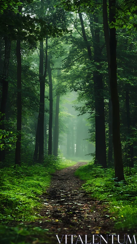 Verdant forest pathway dissolving into luminous atmospheric haze.