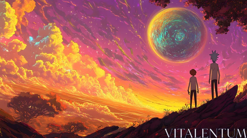 Digital painting sunset vista with cosmic vortex sky portal.