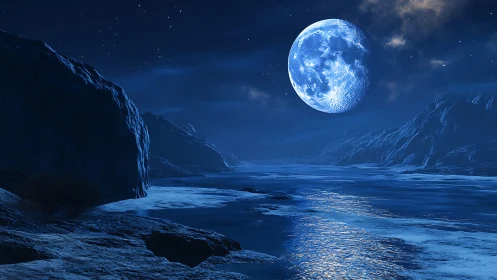 Moonlit blue coastline wrapped in serene nighttime magic.