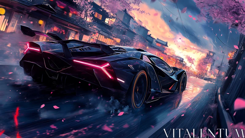 Neon hypercar streaks through cherry blossom storm at dusk.