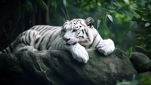 Peaceful white tiger resting on a sunlit forest rock.