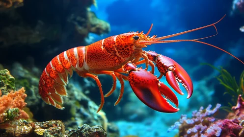 Bright red lobster glides confidently through a coral reef world