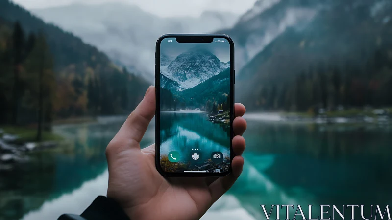 Mountain Lake Captured Through Mobile Device Screen Reflection