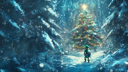 Digital painting of lone hero before enchanted winter tree.