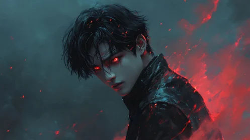 Dark-haired figure with red glowing eyes in smoky embers.