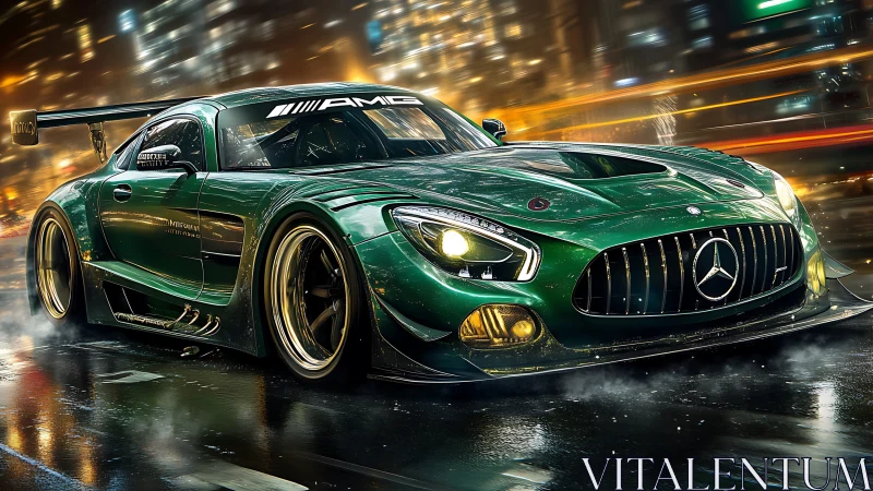 Green Mercedes race car streaks through neon soaked city night