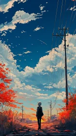 Lone dreamer walks a scarlet road beneath painted skies.