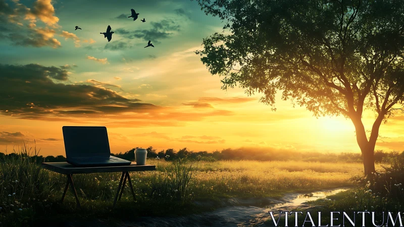 Sunset workspace tableau under glowing rural skyline.