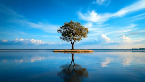Lone tree on small island reflected in calm blue lake, serene style.