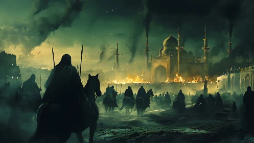 Emerald dusk assault on a burning desert citadel of domes.