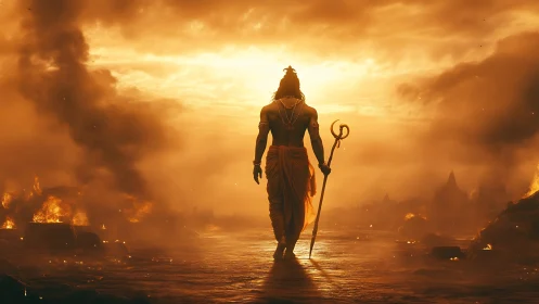 Divine warrior silhouettes against burning horizon sky