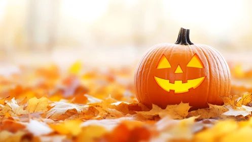 Backlit carved jack o’lantern glows amid shallow depth autumn leaves
