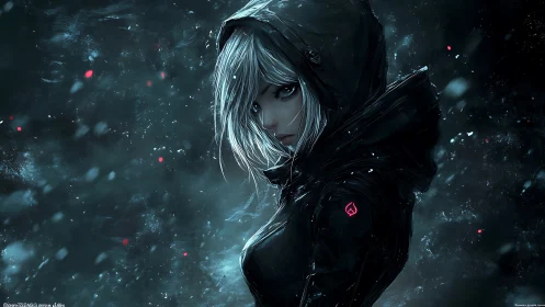 Hooded cyberpunk girl stalks neon storm in dark alley.