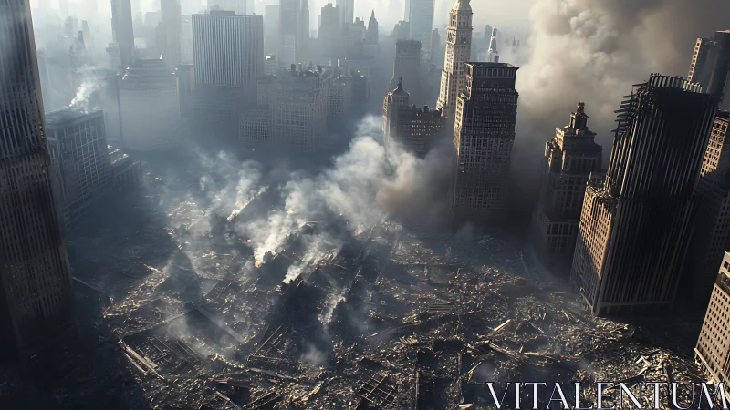 Smoldering city canyon over vast post‑apocalyptic ruins.