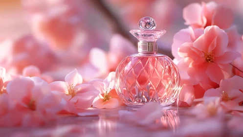 Crystal Perfume Bottle Surrounded by Pink Flower Petals.