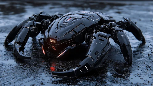 Stealth combat mech crab crouches on slick wet asphalt.