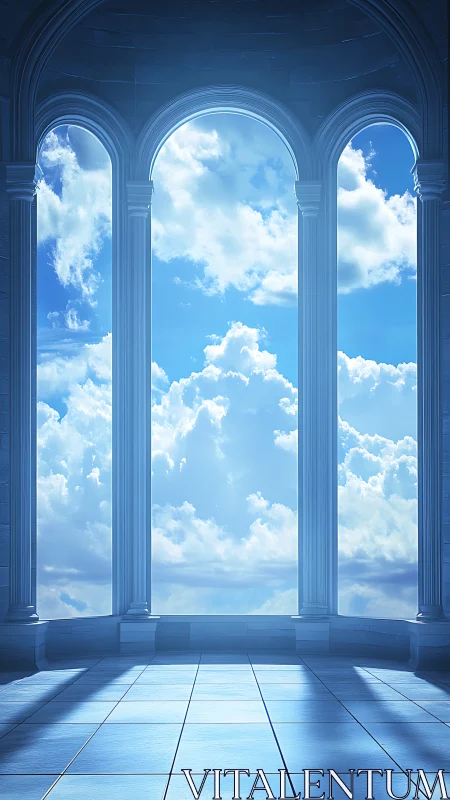 Sky-lit neoclassical arches framing luminous cumulus clouds.
