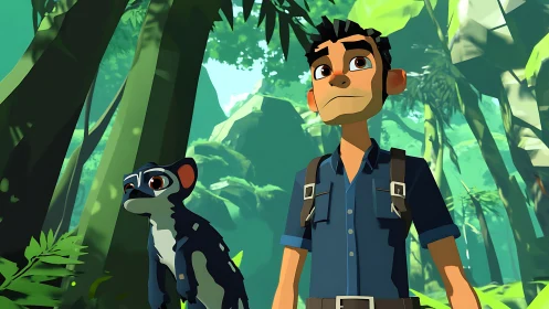 Jungle explorer and cool-eyed critter scout emerald depths.