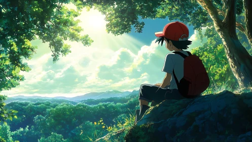 Backlit anime hiker observing volumetric light over forest valley