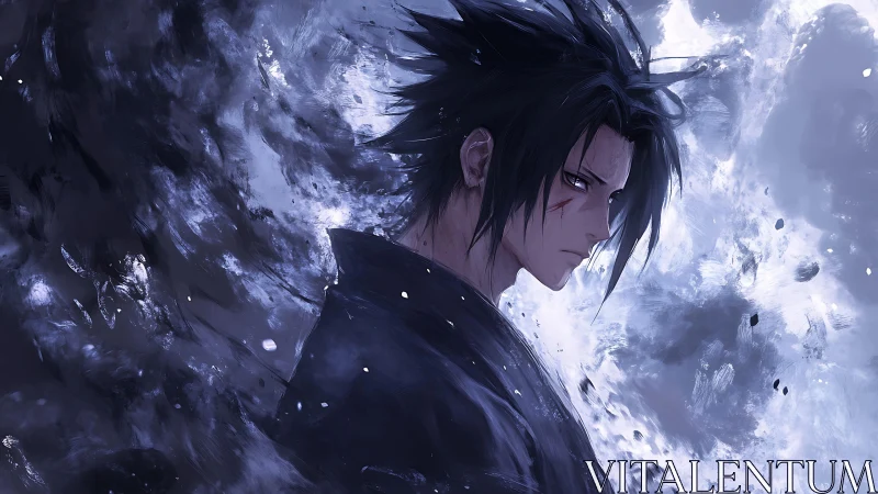 Moody anime portrait in dynamic monochrome brushwork style.