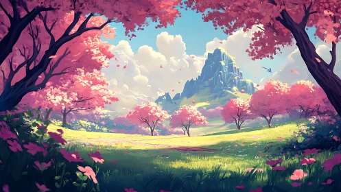 Blossoming valley landscape with pink trees and distant peak.