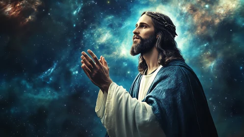 Digital painting of praying figure against luminous cosmos backdrop.