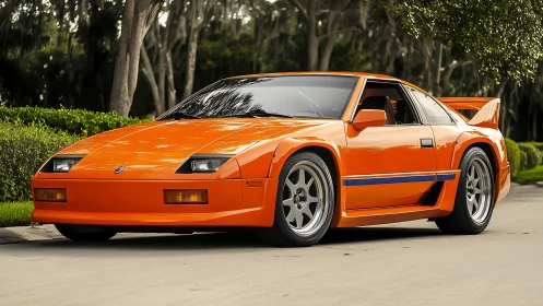 Orange sports coupe parked on residential street in daylight.