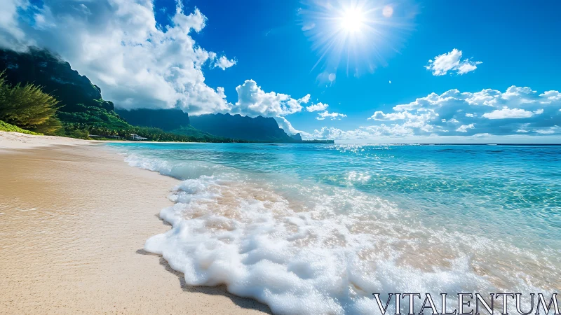 Sunlit tropical shoreline glows beneath crystal blue skies